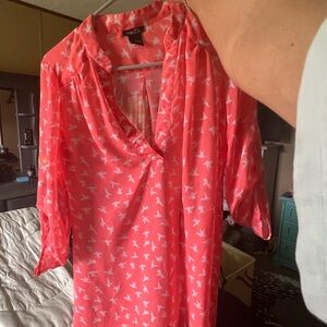 Rue21 Bright Coral Blouse with Bird Pattern